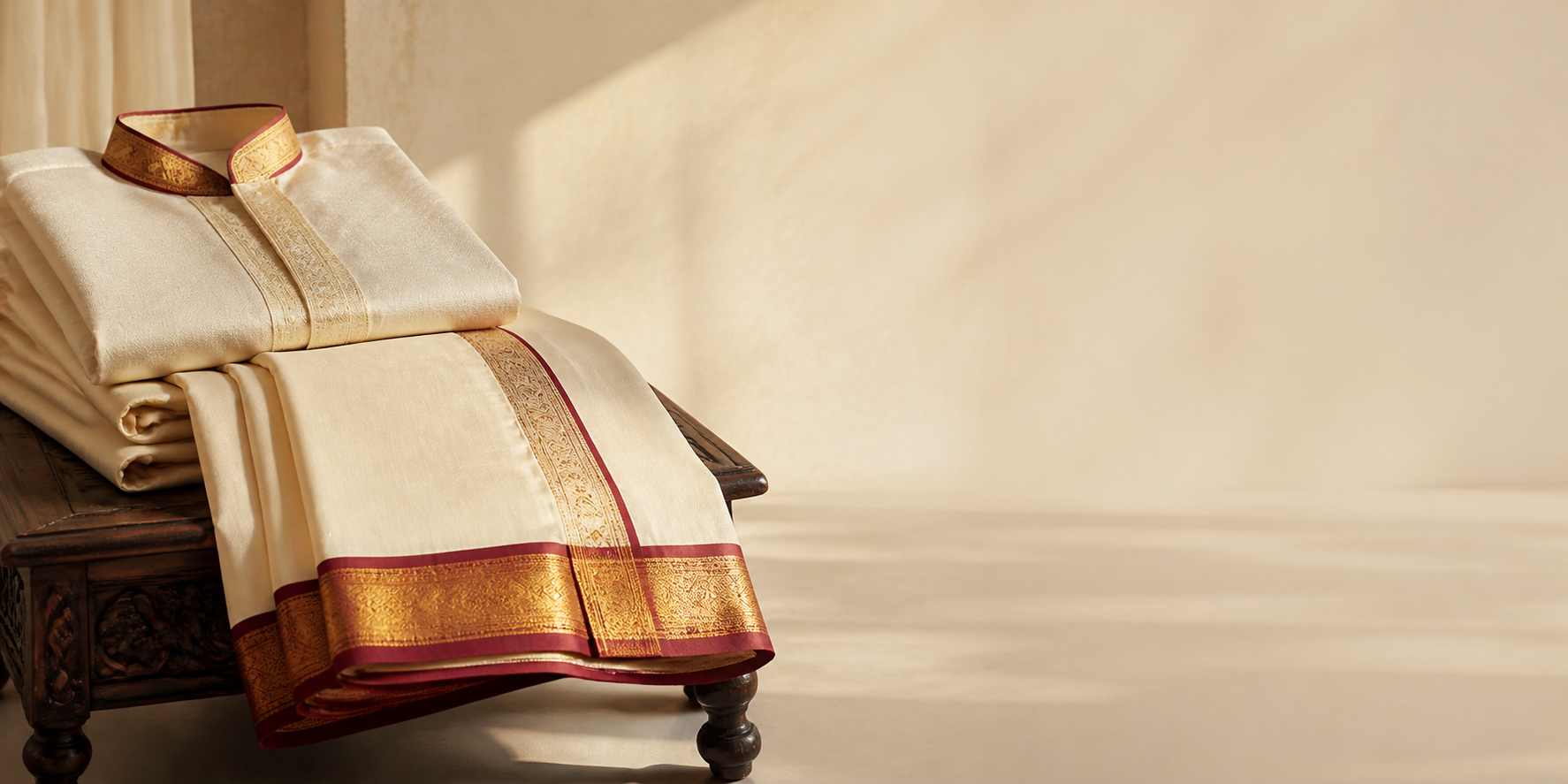 Ivory pattu dhoti fabric with an antique gold and maroon border folded on a carved wooden bench