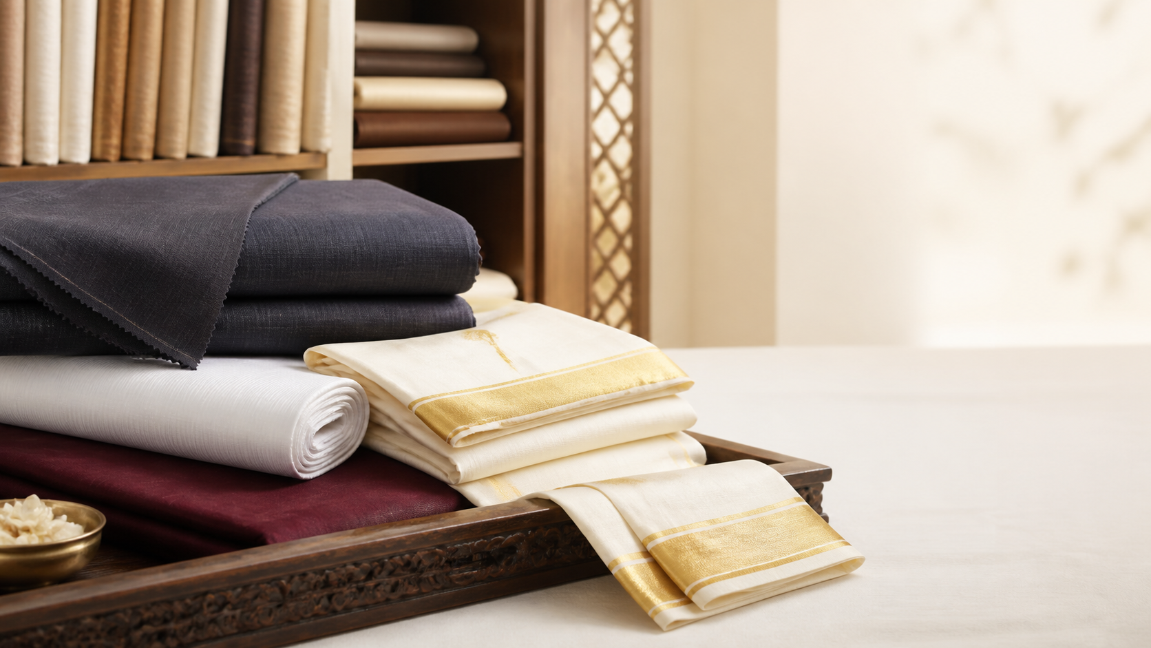 Folded shirting and traditional fabrics on a wooden counter