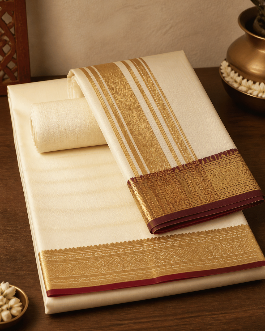 Ivory Pattu Dhoti Kurta Fabric Set